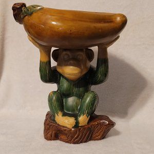 Vintage Hand Painted Majolica Monkey with basket/dish on Head